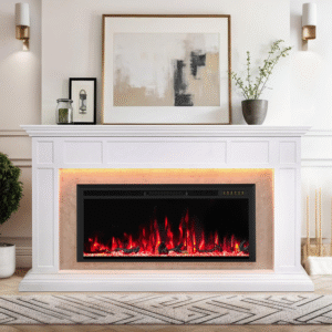 Electric Fireplace Mantel with Grey Marble Finish