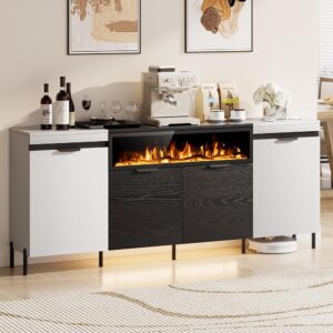 80" Modern Sideboard Buffet Cabinet with 40" Fireplace, Storage Cabinet with 4 Doors & Open Shelf